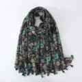 Bohemian style floral printed tassel scarf in brown and turquoise, elegant beach shawl. - Style #11