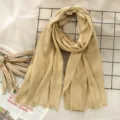 Solid beige cotton linen scarf for women, soft lightweight autumn winter tassel shawl neck wrap. - Light Khaki (#26)