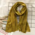 Mustard yellow cotton linen scarf, solid color winter warm shawl with fringe edge. - Mustard Yellow (#29)