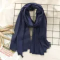 Dark blue solid color linen scarf for women, elegant long fringe design for autumn and winter. - Dark Blue (#30)