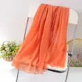 Solid color orange linen fringed scarf shawl, versatile lightweight beach wrap for autumn. - Colorful Tie-Dye