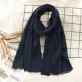Dark blue cotton linen fringed scarf, soft daily solid color shawl wrap for women. - Dark Blue (#34)