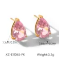 Pink teardrop cubic zirconia stud earrings in 18k gold plated titanium steel, elegant style. - Waterdrop Style (XZ-E11065-PK)