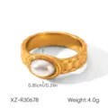 Stainless steel pearl strap ring, stylish gold fashion ring with oval pearl for women. - Watch Band Style Oval Artificial Pearl Ring (XZ-R30678) / Size 6