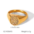 Gold stainless steel signet ring for women, paved cubic zirconia round geometric band jewelry. - Size 6 / Square Round Disc Inlaid Style