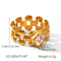 Gold stainless steel watch strap ring with square crystal stone fashion jewelry detail - Watch Band Style Square White Rhinestone Ring (XZ-R30679-WT) / Size 6