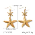 Gold stainless steel starfish double drop earrings with sparkling rhinestones. Size: 6.62x3.68cm. - Double Layer Starfish Drop Earrings (XZ-E11055)