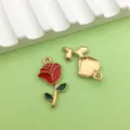 Rose enamel metal pendant DIY jewelry accessory, red flower green leaf gold back design. - Red Floral / 1 Piece (12X23mm) / Red