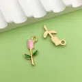 Gold alloy rose pendant with pink and green enamel DIY jewelry accessory charm, single piece - Pink Rose / 1 Piece/Pack (9x18mm) / Pink
