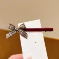 Sweet plaid ribbon bow hair clip velvet barrette cute hair accessory for women detail - Red Velvet Brown Plaid