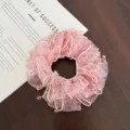 Κορεάτικο ροζ λουλουδάτο mesh scrunchie με κρυστάλλινα κρεμαστά, αξεσουάρ μαλλιών. - Ροζ