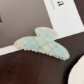 Λεπτομερής κοντινή λήψη από ωραίο τσιμπιδάκι μαλλιών με καρέ σχέδιο σε ανοιχτό μπλε χρώμα. - Μπλε Καρό Κλιπ Μαλλιών