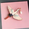 Elegant flying crane enamel brooch with dangling pearl, Chinese style clothes pin. - Flying Crane Style (MM302)