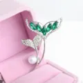 Elegant green rhinestone and pearl fish tail brooch, sparkling crystal lapel pin for women. - Silver & Green