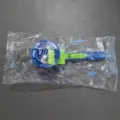 Blue and green plastic sliding measuring spoon for protein powder and coffee filter tool. - Bag Packaging / Blue