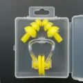Yellow silicone swimming earplugs and nose clip set in a clear storage box, waterproof. - Yellow