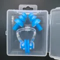 Blue silicone swimming earplugs and nose clip set with transparent storage box for water sports - Blue