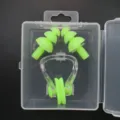 Green silicone swimming earplugs and nose clip set with storage box for water sports. - Green