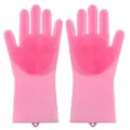 Pink silicone cleaning gloves for kitchen dishwashing, waterproof and heat resistant. - Bellflower Pink