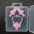 Pink silicone swimming nose clip and earplugs set with portable storage box for water sports. - Pink