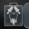 Silicone swimming earplugs and nose clip set in a clear portable storage box for water sports. - White