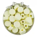 Detail view of 19mm white acrylic flower beads with large holes for DIY jewelry and crafts. - Beige