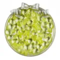 Detail view of transparent yellow peach heart acrylic loose beads in a silver bow tray. - 10 Pieces/Pack / Yellow