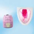 Pink bear toilet bowl cleaner block with peach scent and pink flushing effect for bathroom. - Box Packaging / Pink Peach