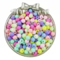 Close-up of colorful frosted round beads with straight holes in silver bow tray for DIY jewelry. - 6mm, Hole 1mm (100 Pcs/Pack) / Random Mixed Colors