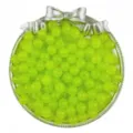 Close-up view of vibrant lime green acrylic jelly beads in a silver bow tray for DIY jewelry. - Green