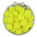 Detail view of yellow acrylic sunflower beads in a silver tray, perfect for DIY jewelry making. - 10 Pieces/Pack / Yellow