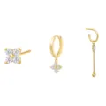 Detailed closeup view of the elegant gold-plated cubic zirconia four leaf clover earring set trio. - Gold Multi-Design Combination