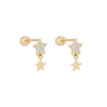 Gold-plated star stud earrings with sparkling cubic zirconia and dangling star charms for women. - Star Pendant Stud Earrings (JQH0359) / 24K / Gold