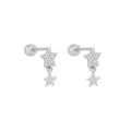 Detailed close-up of silver-tone star earrings with cubic zirconia and dangling star. - Star Pendant Stud Earrings (JQH0359) / 24K / Silver