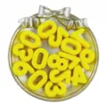 Detailed view of yellow acrylic number beads and silver bow tray for DIY jewelry and crafts. - 10 Pieces (20mm) / Yellow
