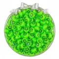 Close-up detail of green acrylic smiley face beads in a silver decorative bowl accessory. - Green