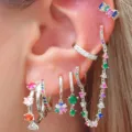 Detailed view of trendy multi-piece colorful cubic zirconia earrings set, perfect stacking style. - Geometric Drill Set (JQH019/Left) / 6-Piece Set / Silver