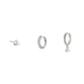 Silver cubic zirconia earrings set, featuring studs, paved hoop, and dangling charm main. - Three-Piece Set / 24K / Silver