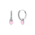 Silberne Huggie-Creolen mit glitzerndem Zirkonia und einem süßen rosa emaillierten Herz-Anhänger. - Herzanhänger Creolen (JQH0021-3-SS) / 24K / Silber