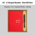 Rotes A5 Kunstleder-Notizbuch und schwarzer Kugelschreiber in Premium-Geschenkbox - U型扣礼盒装 / A5笔记本+签字笔+礼盒+礼袋 / Rot