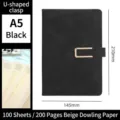 A5 business notebook with black faux leather cover and U-shaped gold buckle - U-Shaped Buckle Style / A5 (100 Sheets/200 Pages) / Black