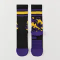Men's black basketball athletic crew socks with purple and yellow stripe details and cushioning. - One Size / Black Purple Yellow