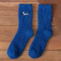 Hommes Hiver Pelucheux Polaire Corail Chaussettes Mi-tubes Bleu Chien Broderie Chaud Sommeil - Taille unique / Bleu Marine