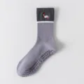 Women grip yoga socks mid-calf grey non-slip pilates fitness socks cute embroidery - One Size / Gray Purple