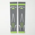 Grey sports compression leg sleeves with green stripes, breathable fitness gear for running. - One Size / Dark Gray