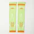 Light green sports compression leg sleeves with orange and white knit patterns for running fitness. - One Size / Green