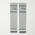 Grey sports compression leg sleeves with white striped patterns and Sport knitted details for running. - One Size / Gray