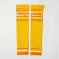 Yellow sports compression knee sleeves with stylish stripe patterns for running and fitness. - One Size / Yellow