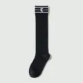 Black long socks for women, knee high cotton stockings with white stripes and letter C design. - One Size / Mesh Extended Style / Black