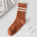 Women non-slip yoga socks mid-tube striped pilates fitness sports socks in brown color - One Size / Caramel color